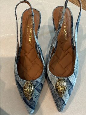 Kurt Geiger Denim-Patterned Pointed Slingback Flats with Gold Emblem